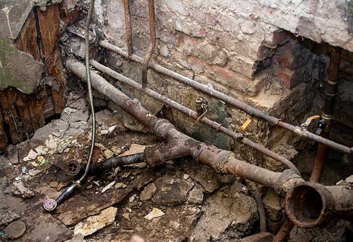 Rusty pipes and plumbing fixtures in a dilapidated basement