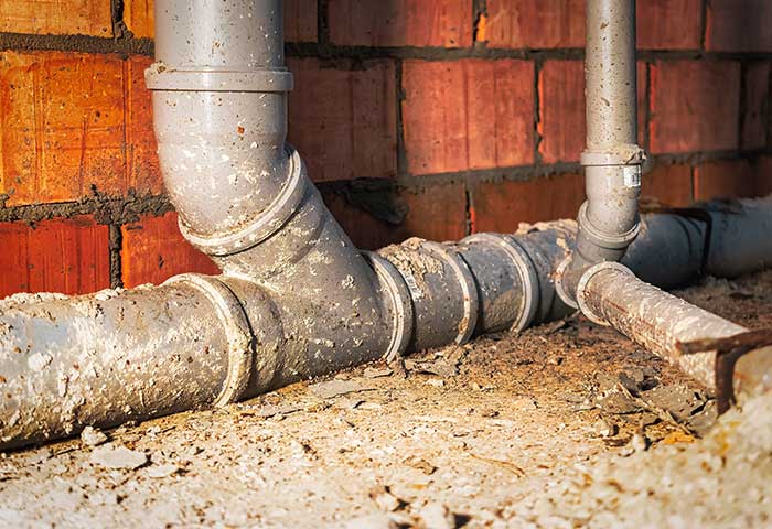 Pipes installed in a basement, surrounded by dirt and bricks